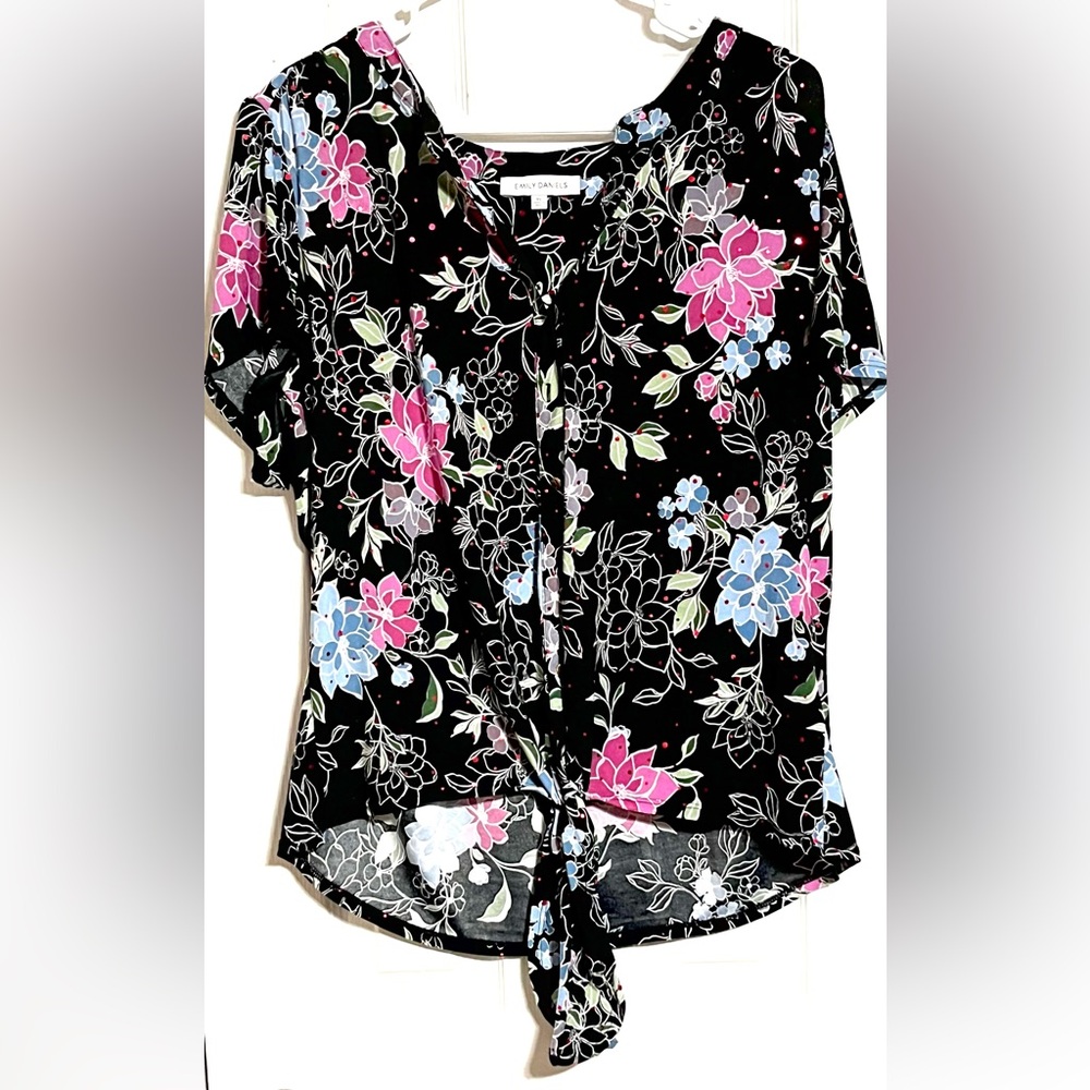 Chic Floral Tie-Front Blouse - Black with Pink and Blue